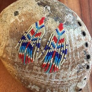 Handcrafted Geometric Beaded Earrings with Fringed Design
